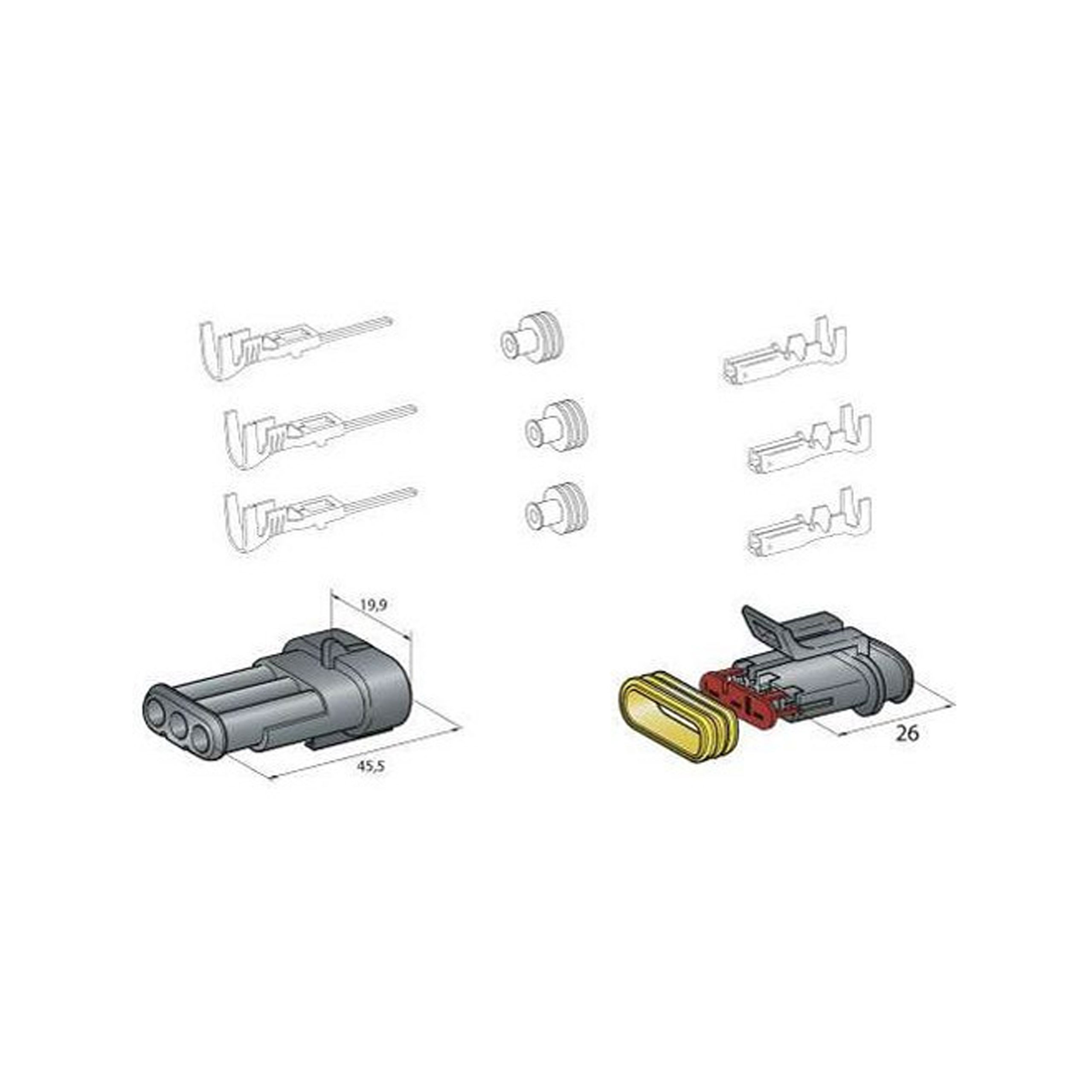 Superseal 3-poligt kontaktdon hona hane kit